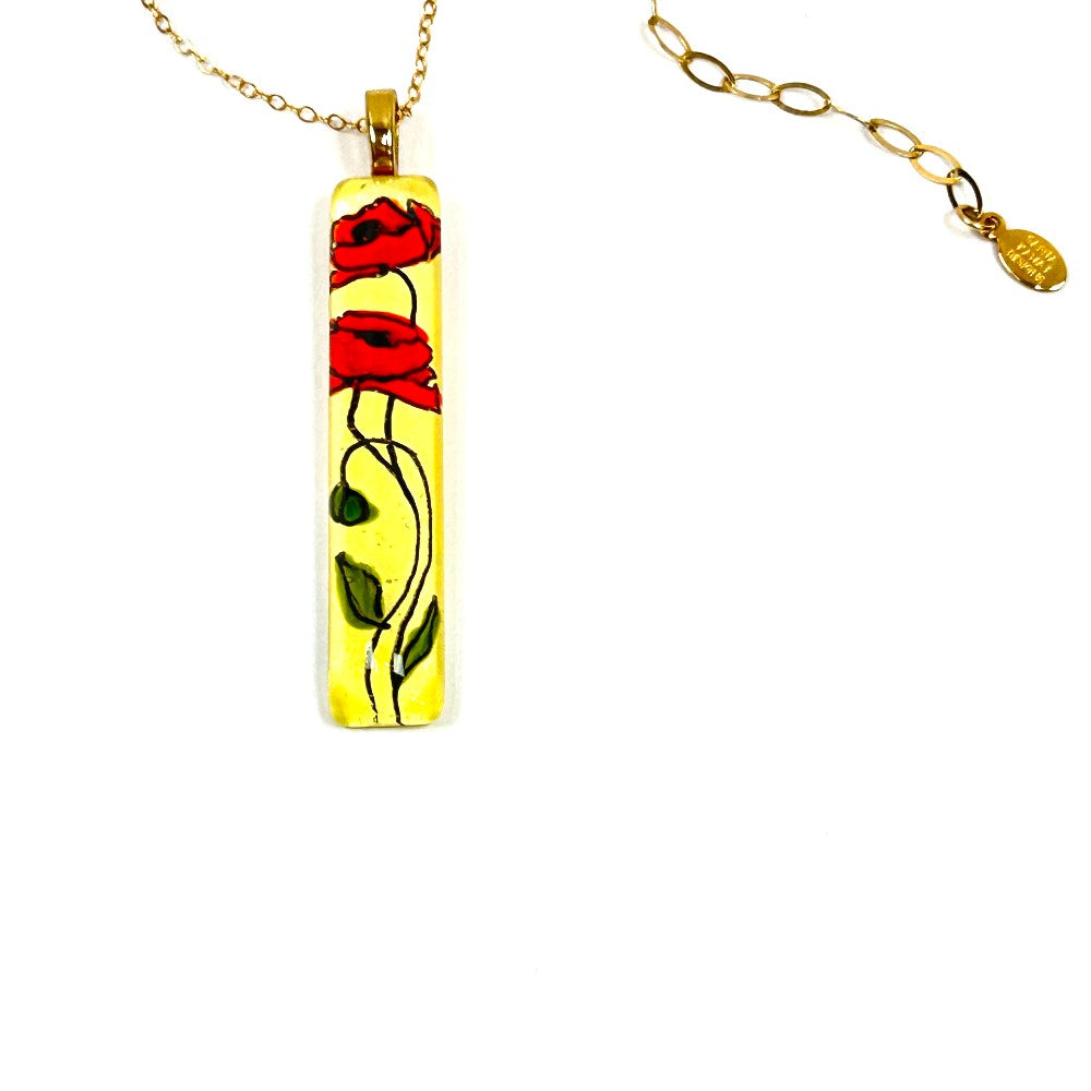 Red Poppies HAnd Painted Glass Necklace 14k Gold filled - by Sarita Kamat Designs|4992