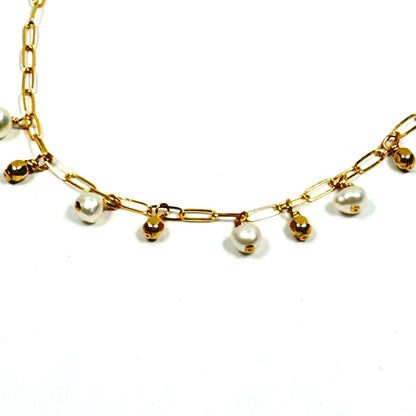 Freshwater Pearls & 14k gold filled charms on 14k gold filled paper clip necklace - Sarita Kamat Designs|4577