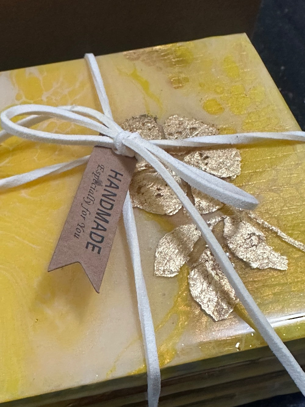 Yellow with Gold Foil Flower - Set of 4 - by Alka Sharma|4372