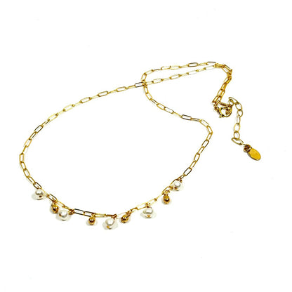 Freshwater Pearls & 14k gold filled charms on 14k gold filled paper clip necklace - Sarita Kamat Designs|4574
