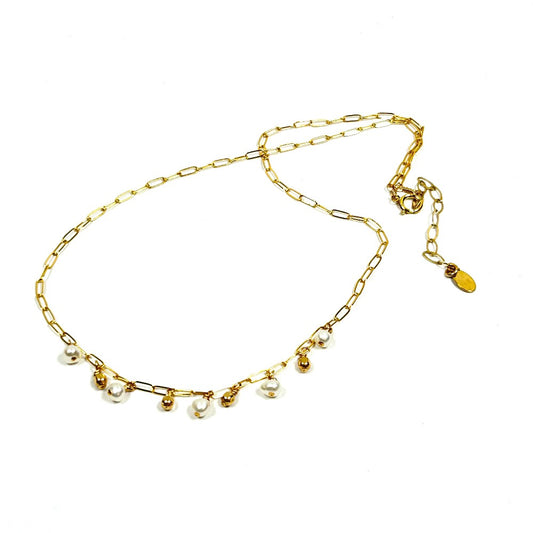 Freshwater Pearls & 14k gold filled charms on 14k gold filled paper clip necklace - Sarita Kamat Designs|4574