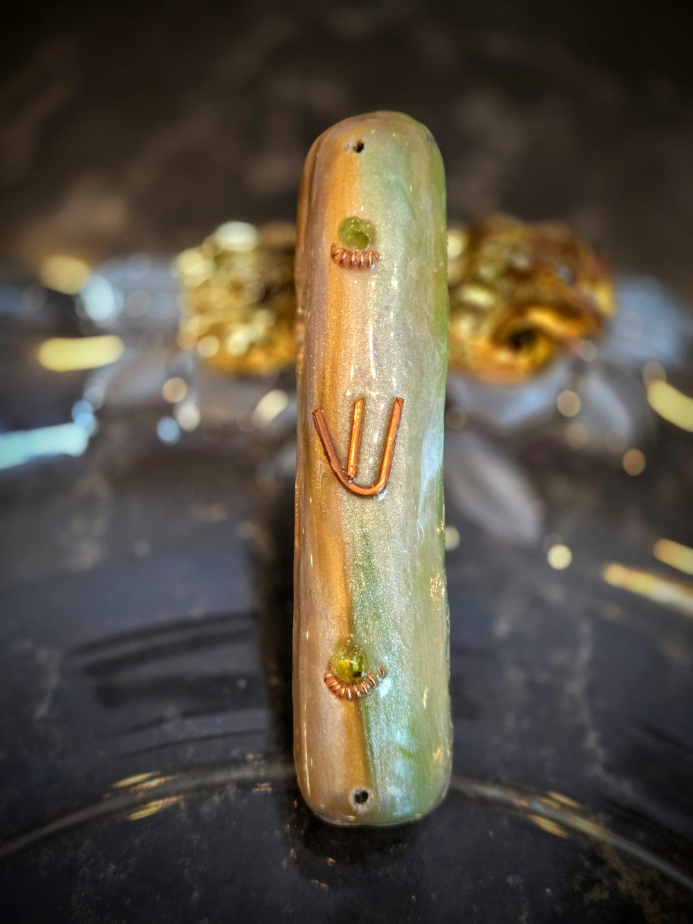 Green and Gold Mezuzah with Peridot - by RAchael Gross|4826