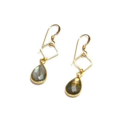 Labradorite Teardrop on Open sq. Link Earrings 14kgf - by Sarita Kamat|3843
