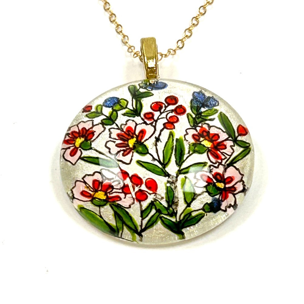Floral Vines Hand-painted Glass Necklace 14k GF - by Sarita Kamat Designs|4925