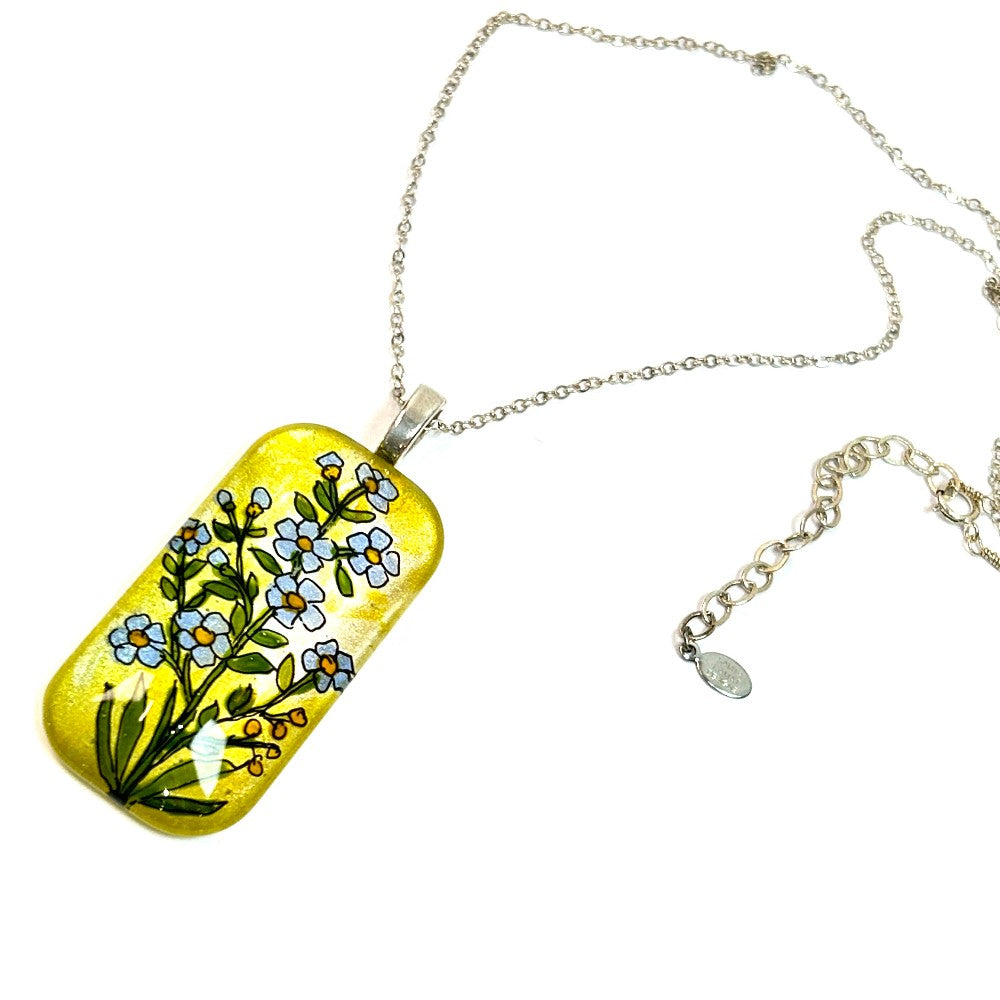 Forget-Me-Not Flowers Hand-painted Glass Pendant Sterling Silver - by Sarita Kamat Designs|4931