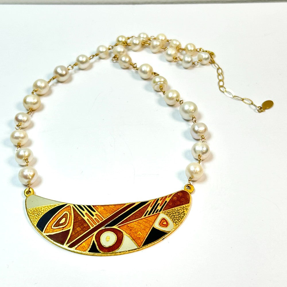 Freshwater Pearl Necklace with Found Enamel Pendant – by Sarita Kamat Designs|5022