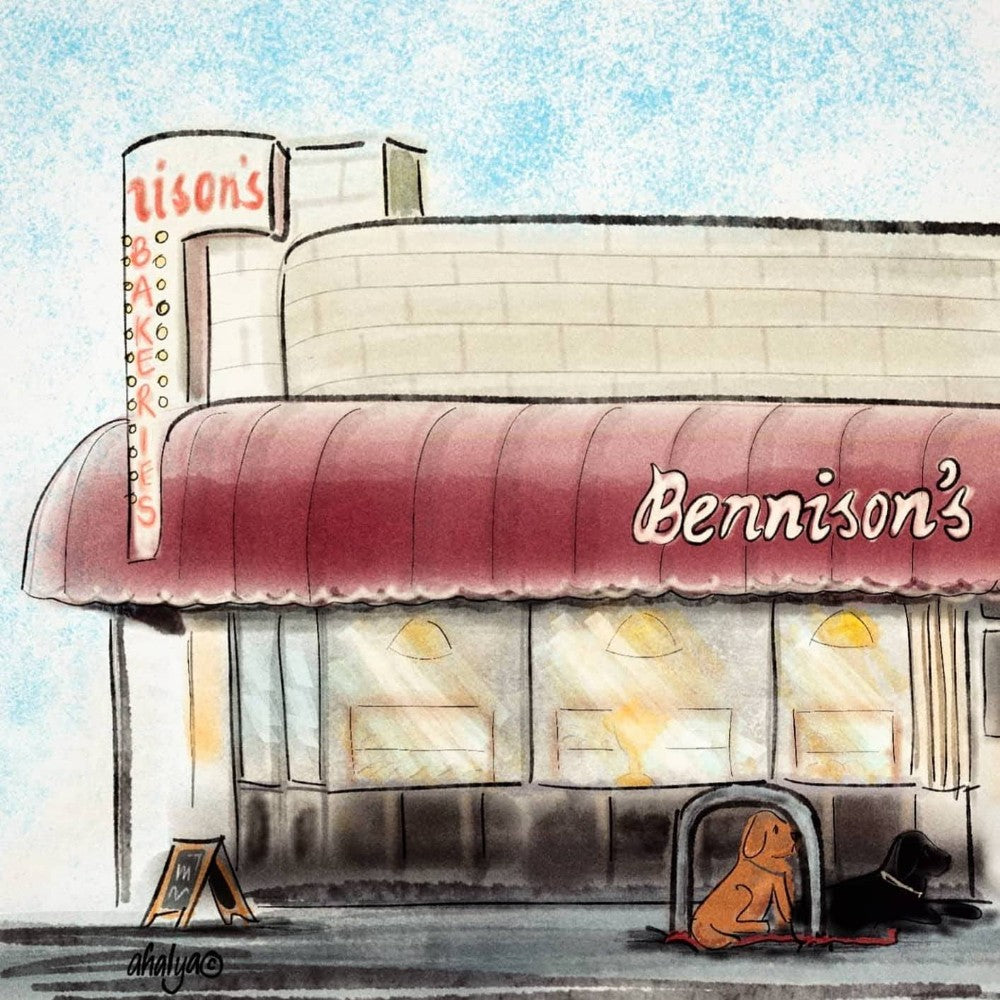 Bennison's Bakery with Dogs Print (Framed) - by Ahalya Mandana|5333