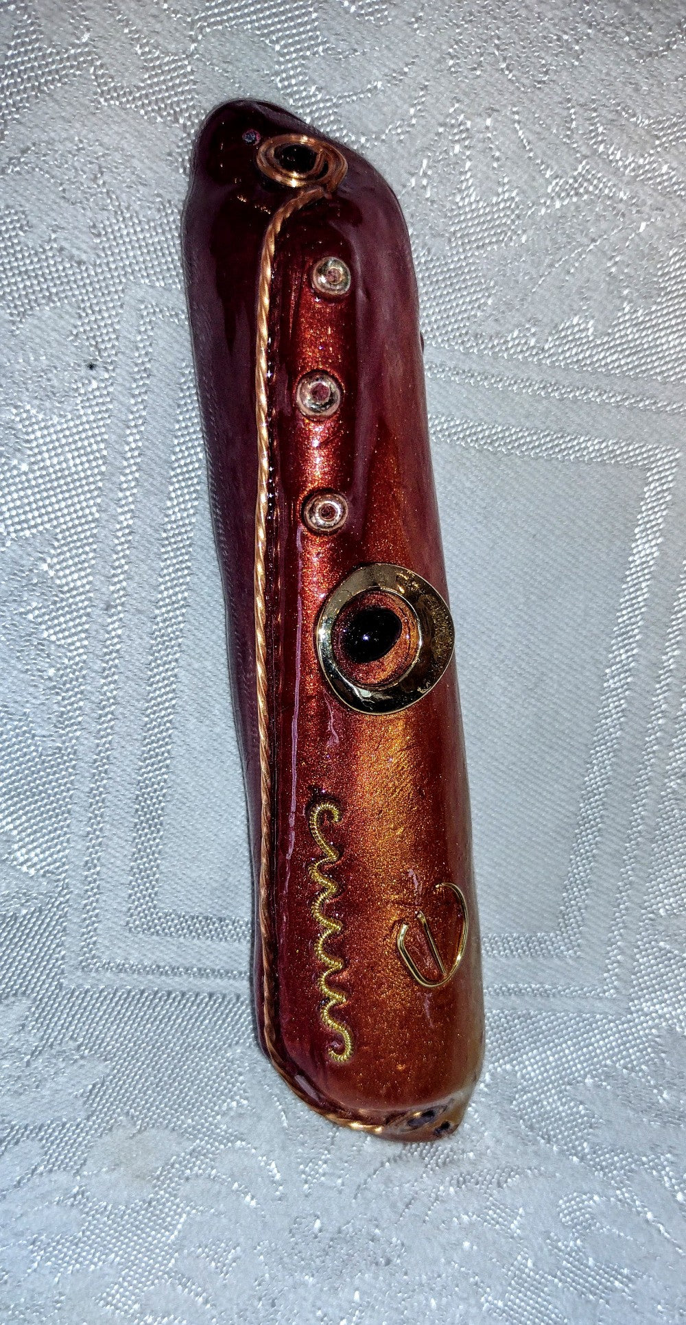 Burgundy and gold Mezuzah - by Rachael Gross|4825