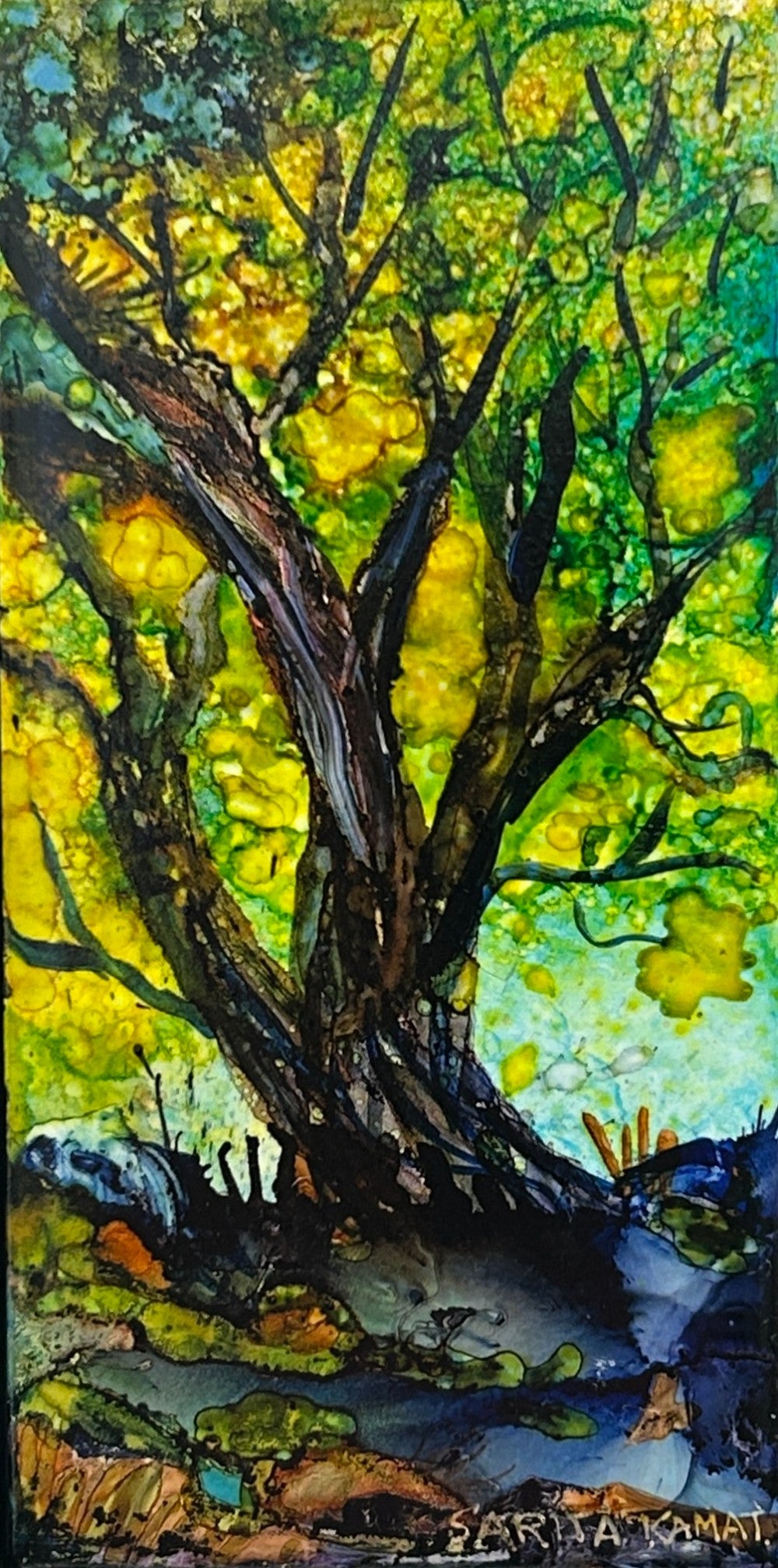 The Beauty of Trees #63, Alcohol Ink on 3x6" Tile , Framed|4719