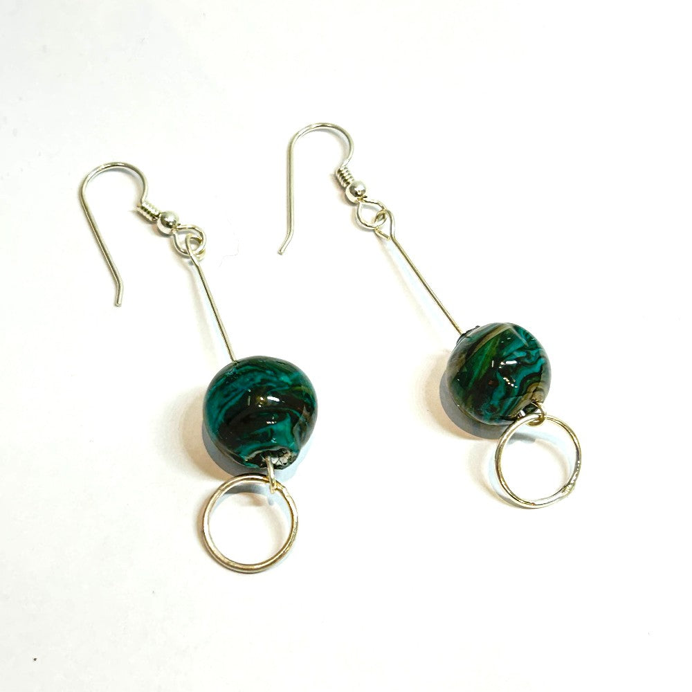 Dark Green Marble Earrings with silver circle link - by Terry Nugent|3698