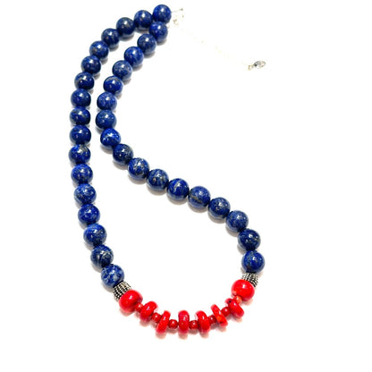 Lapis And Coral Necklace with Pewter i accent beads -|3400