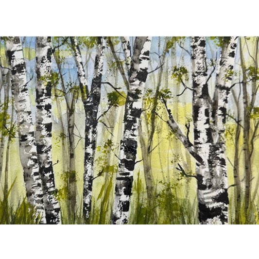 Painting of birch trees with white trunks and green foliage made during an art workshop with Sarita Kamat at Artem Pop Up Gallery
