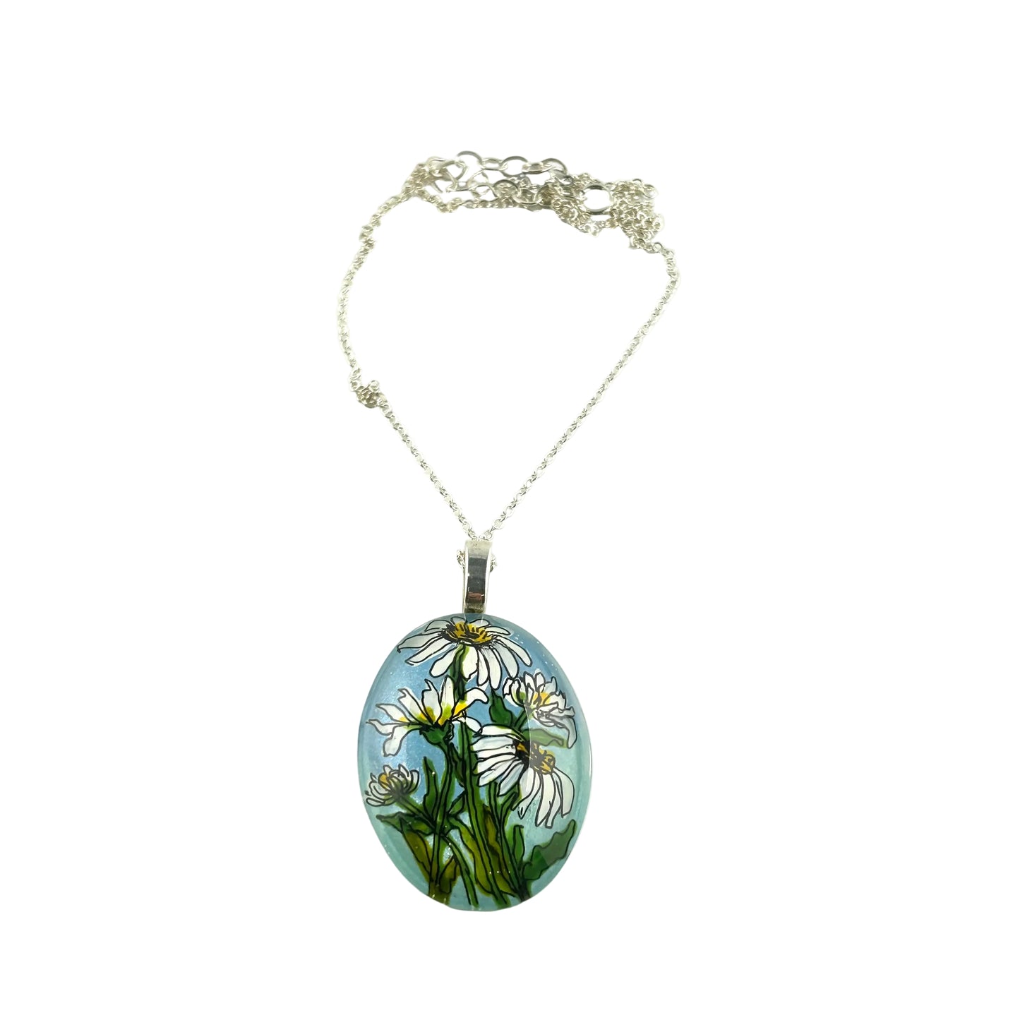Daisy Hand-painted on Glass Oval Pendant SS - by Sarita Kamat