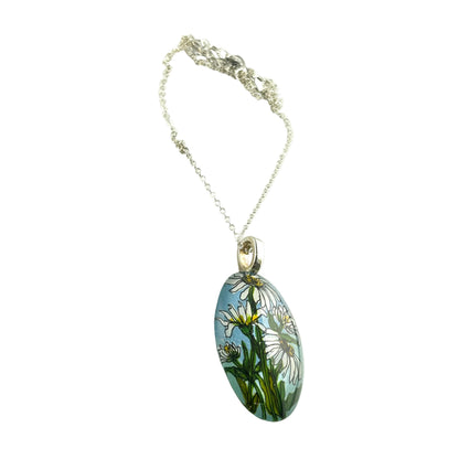 Daisy Hand-painted on Glass Oval Pendant SS - by Sarita Kamat