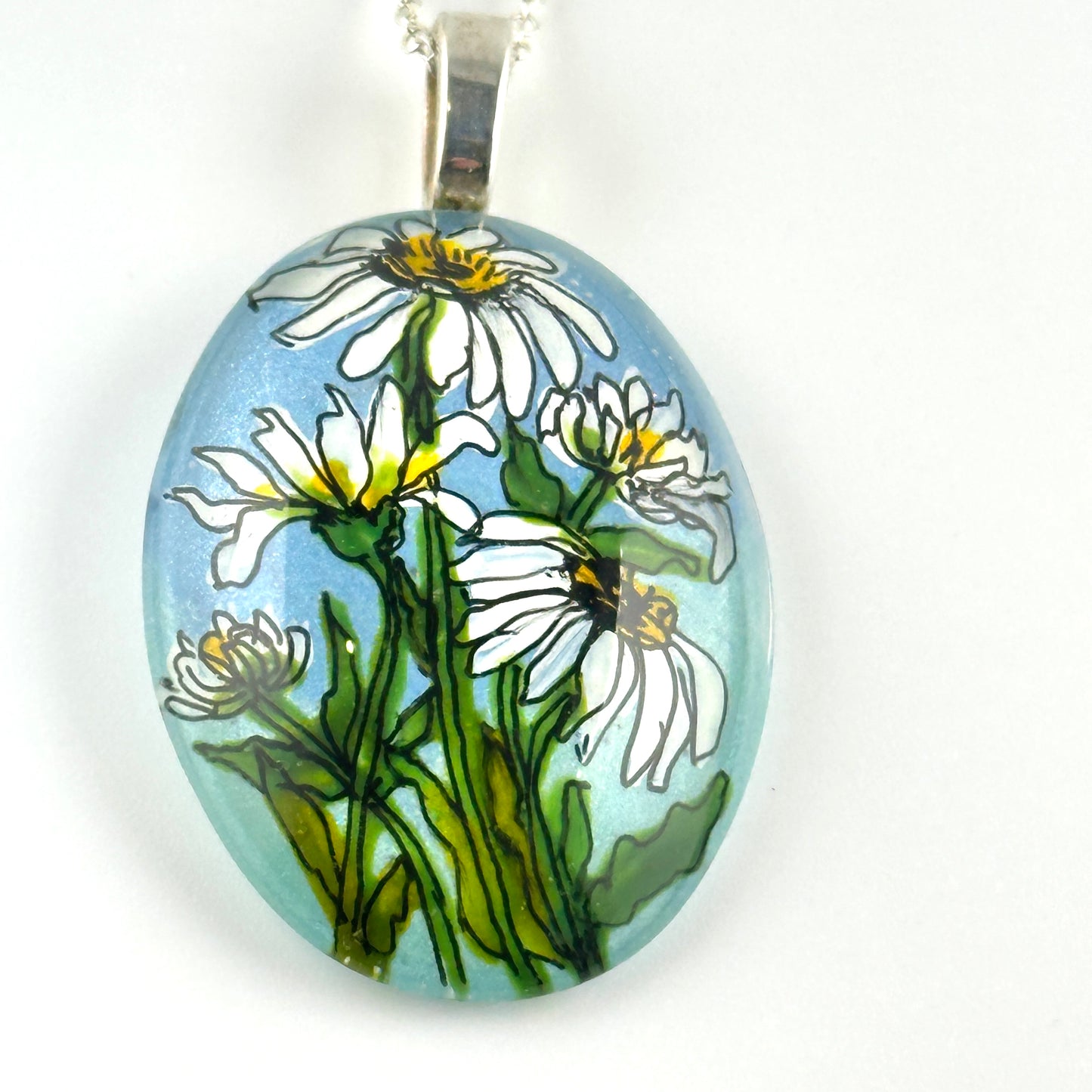 Daisy Hand-painted on Glass Oval Pendant SS - by Sarita Kamat