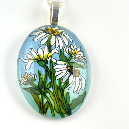 Daisy Hand-painted on Glass Oval Pendant SS - by Sarita Kamat