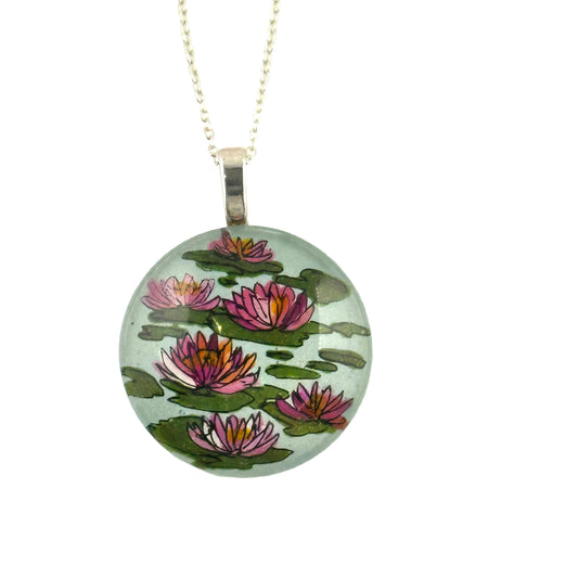 Waterlily Hand-painted on Pendant Necklace SS - by Sarita Kamat