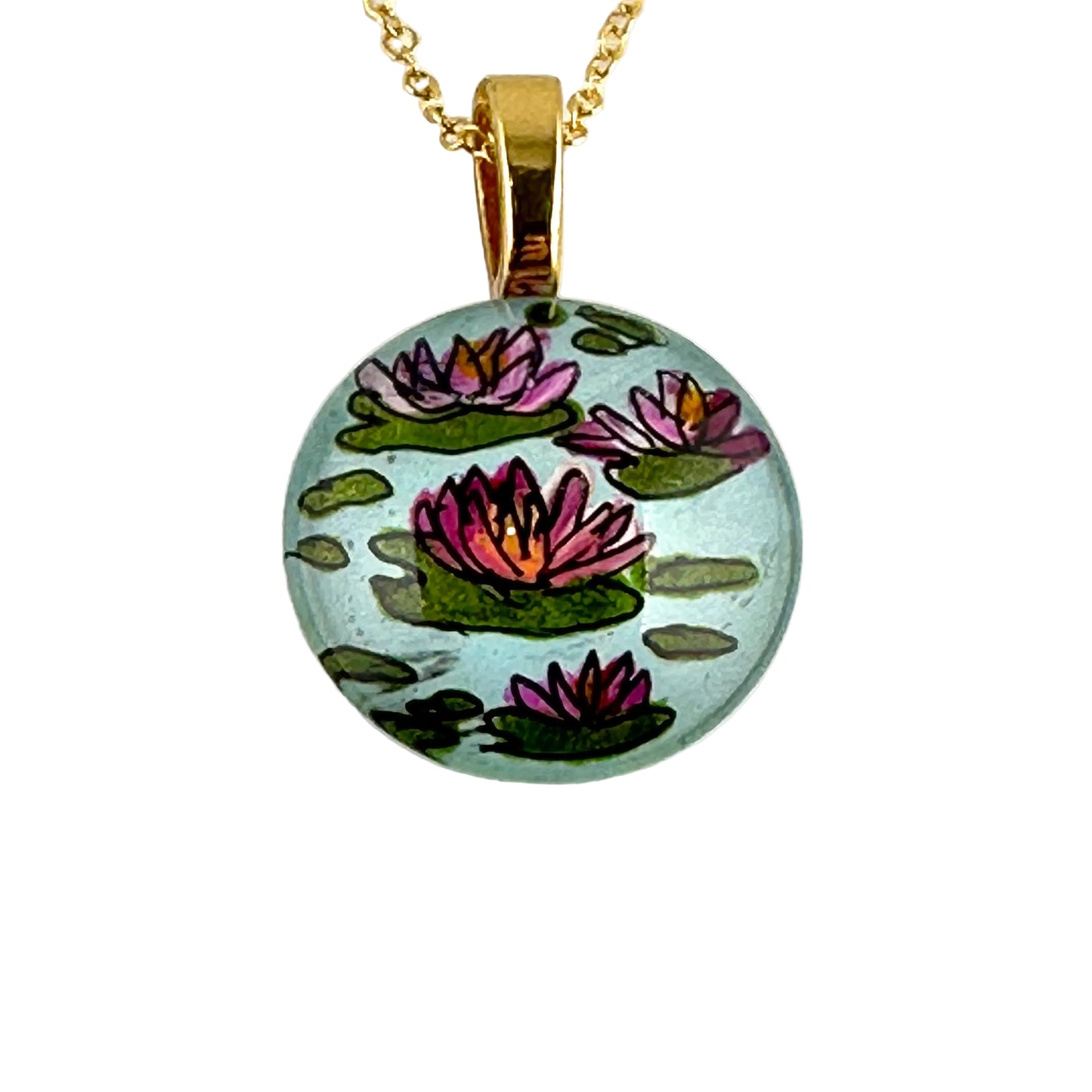 Waterlilies Hand-painted on Glass Pendant Necklace ,14kgf - by Sarita Kamat