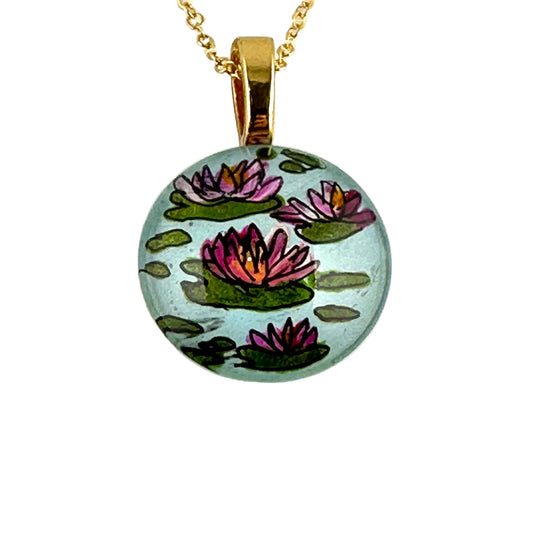 Waterlilies Hand-painted on Glass Pendant Necklace ,14kgf - by Sarita Kamat