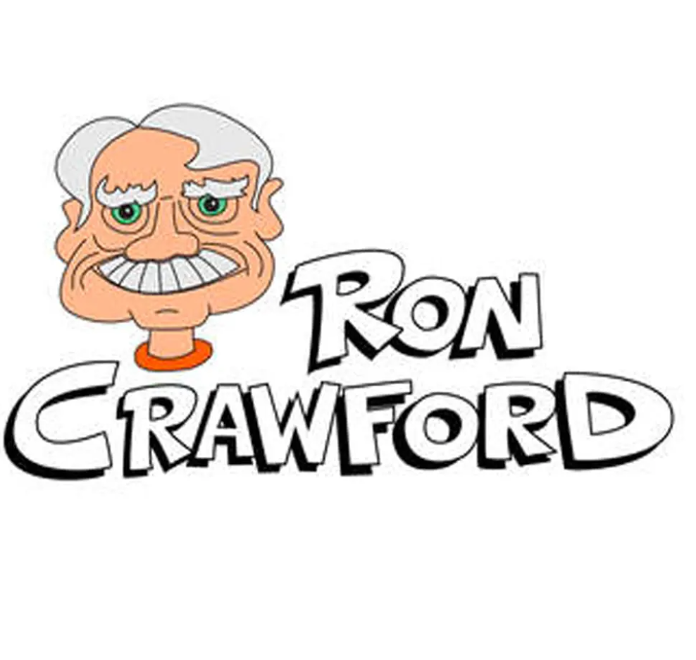 Ron Crawford's illustrated headshot and logo