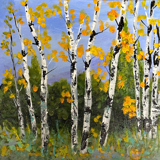 Painting of birch trees with yellow leaves against a blue sky made during an acrylic painting workshop with Sarita Kamat at Artem Pop Up Gallery