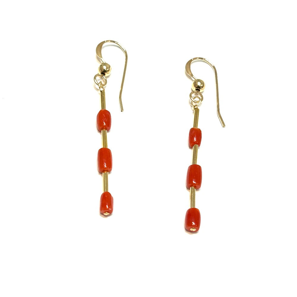 Coral & 14k gf Tube Bead Earrings by Sarita Kamat|3814