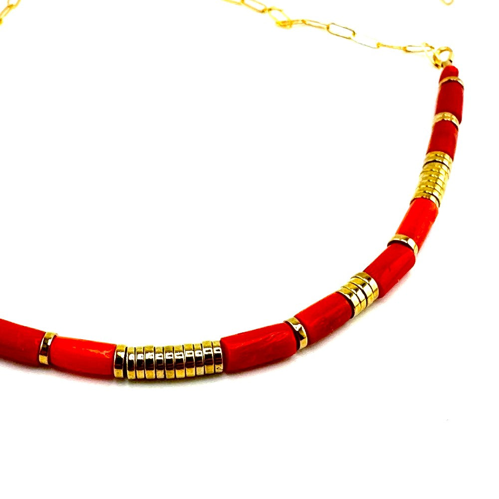 Coral and Hematite Necklace 14k gold filled|3480