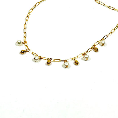 Freshwater Pearls & 14k gold filled charms on 14k gold filled paper clip necklace - Sarita Kamat Designs|4576