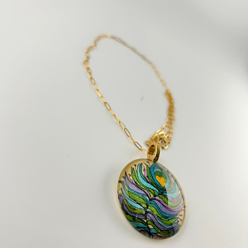 Peacock Feather Hand-painted Glass Pendant Necklace 14kgf|3978