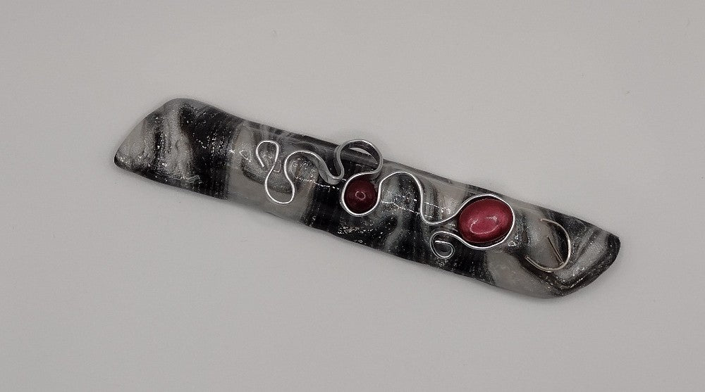 Silver and Black swirly Mezuzah with Silver Wire and Red Beads - by Rachael Gross|4877