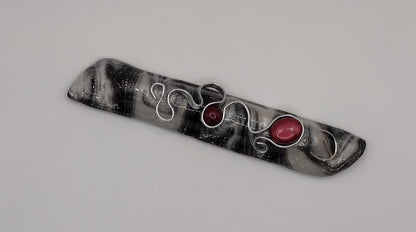 Silver and Black swirly Mezuzah with Silver Wire and Red Beads - by Rachael Gross|4877