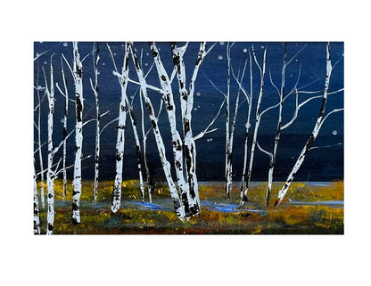 Painting of birch trees against a dark blue sky with a yellow ground.