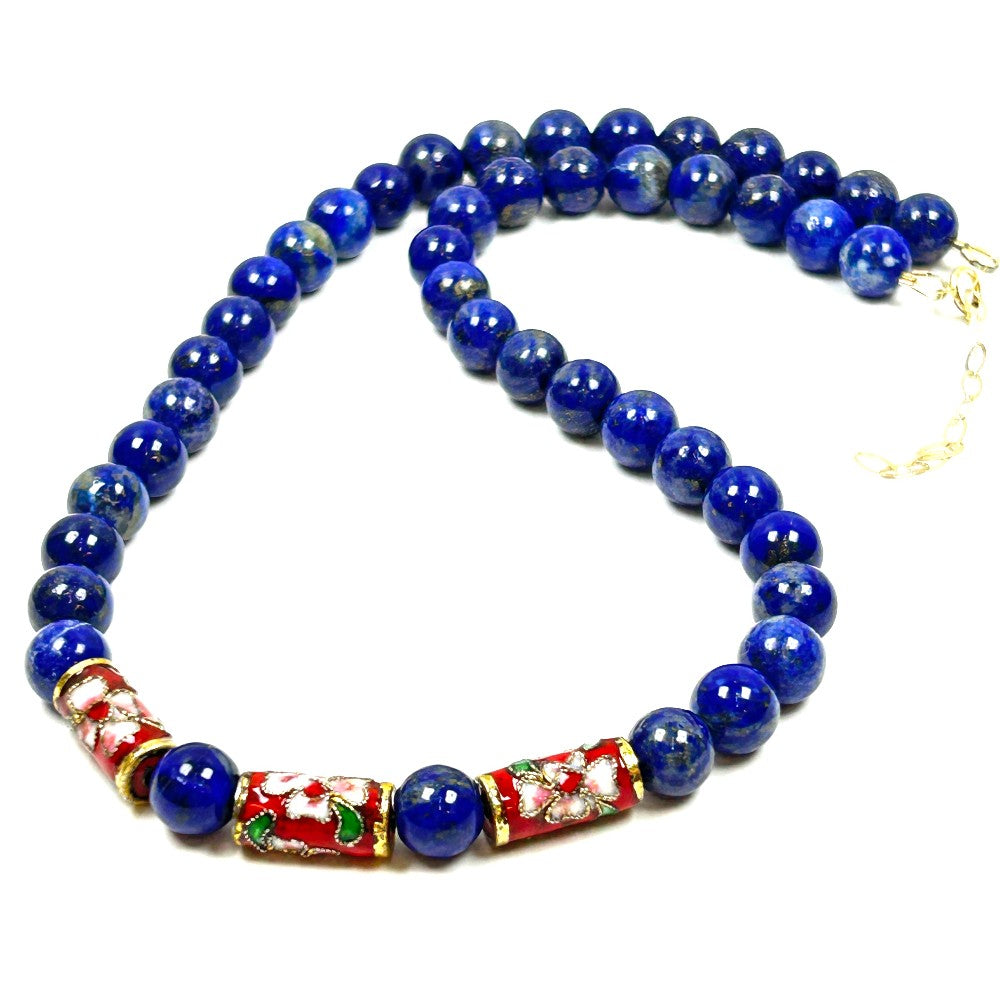 Lapis Lazuli & Cloisonné Floral Bead Necklace - by Sarita Kamat Designs|5390