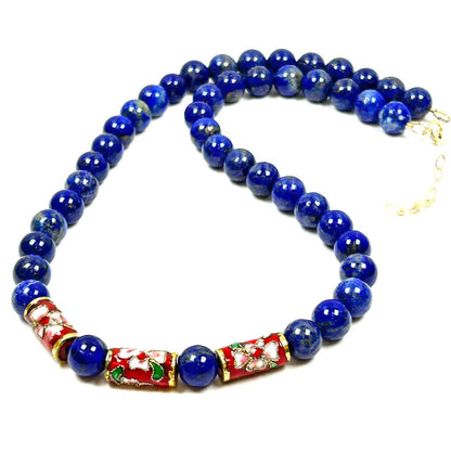 Lapis Lazuli & Cloisonné Floral Bead Necklace - by Sarita Kamat Designs|5390