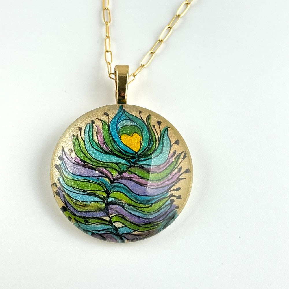 Peacock Feather Hand-painted Glass Pendant Necklace 14kgf|3976