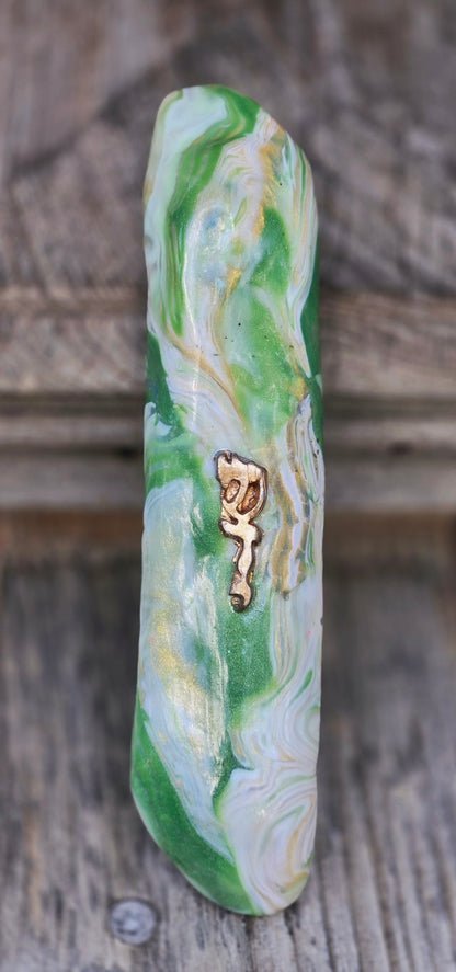 Green and gold stonelike Mezuzah - by Rachael Gross|4836
