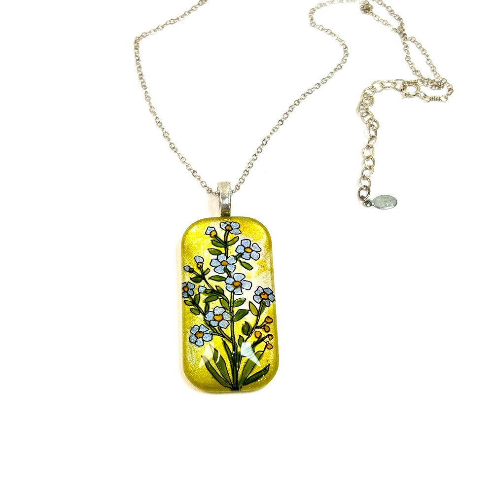 Forget-Me-Not Flowers Hand-painted Glass Pendant Sterling Silver - by Sarita Kamat Designs|4933