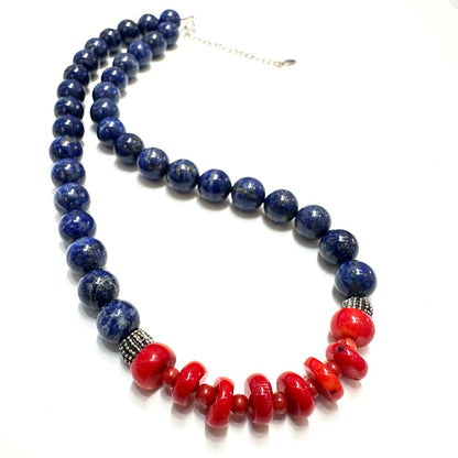 Lapis And Coral Necklace with Pewter i accent beads -|3398