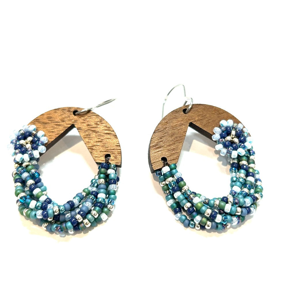 EARRINGS RIVULET SB HOOP W/WALNUT WOOD & FLOWERS - by Shelby Koester|3785