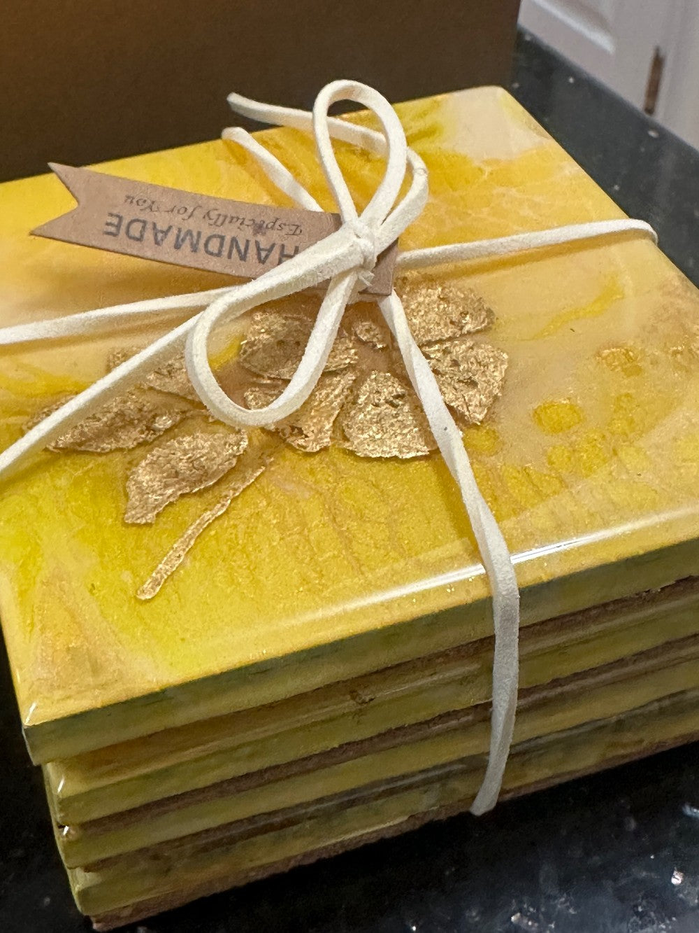 Yellow with Gold Foil Flower - Set of 4 - by Alka Sharma|4373