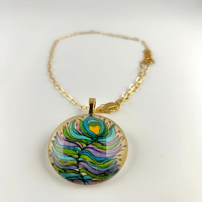Peacock Feather Hand-painted Glass Pendant Necklace 14kgf|3977