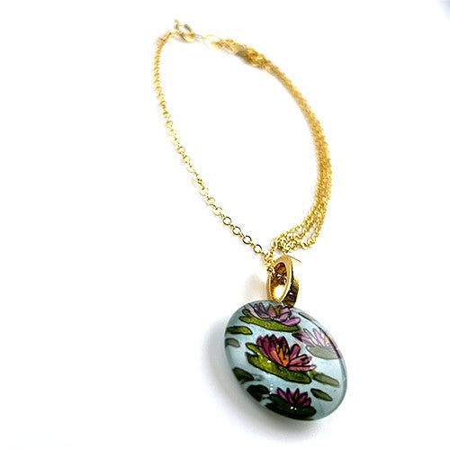 Waterlilies HAnd-painted on Glass Pendant Necklace ,14kgf - by Sarita Kamat|3958