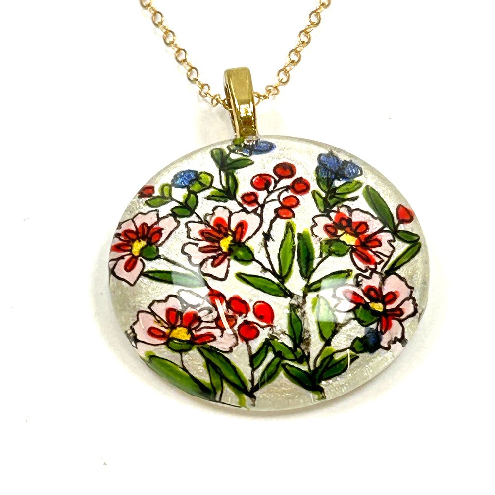 Floral Vines Hand-painted Glass Necklace 14k GF - by Sarita Kamat Designs|4926