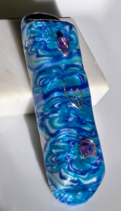 Bluish Green Mezuzah with Amethysts - by Rachael Gross|4816