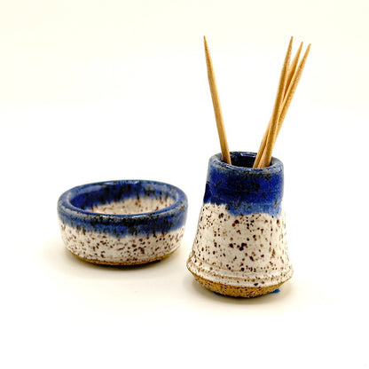 Ceramic Toothpick holder & small bowl set (Blue & White) by Frank Seter|3995