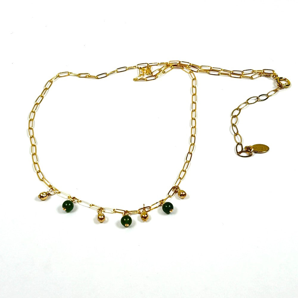 Green Jade & 14k gold filled charms on 14k gold filled paper clip Necklace - Sarita Kamat Designs|4556