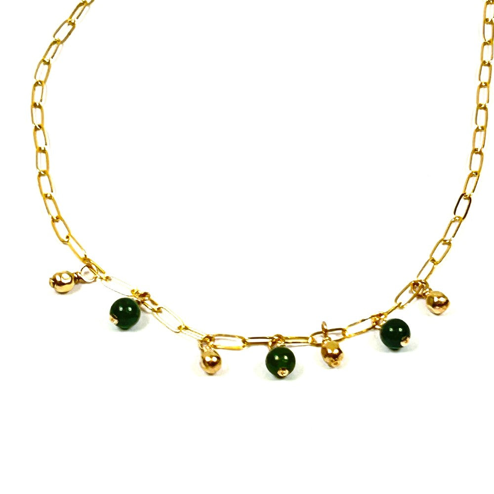 Green Jade & 14k gold filled charms on 14k gold filled paper clip Necklace - Sarita Kamat Designs|4557