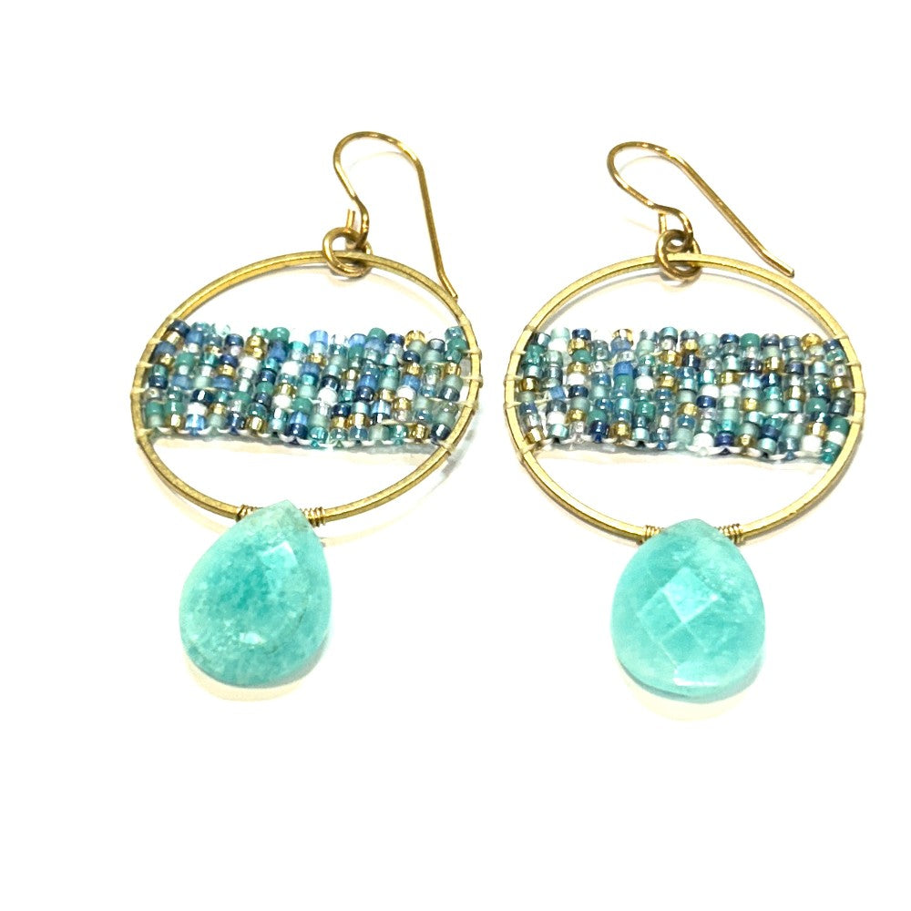 EARRINGS SEA COLORS BEADED WEAVING HOOPS W/AMAZONITE TEARDROPS by Shelby Koester|3779