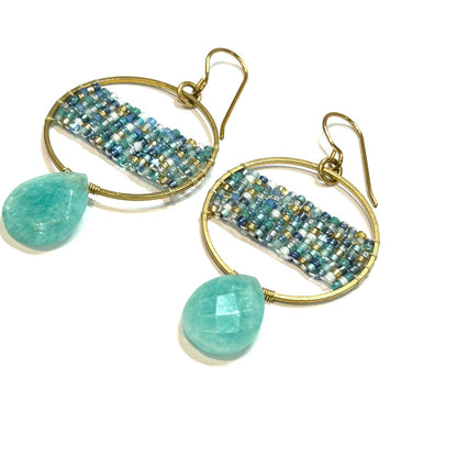 EARRINGS SEA COLORS BEADED WEAVING HOOPS W/AMAZONITE TEARDROPS by Shelby Koester|3778